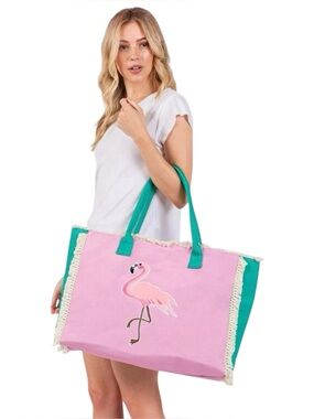 Flamingo Beach Tote Bag Pink Green Fringe Embroidered Large NWT